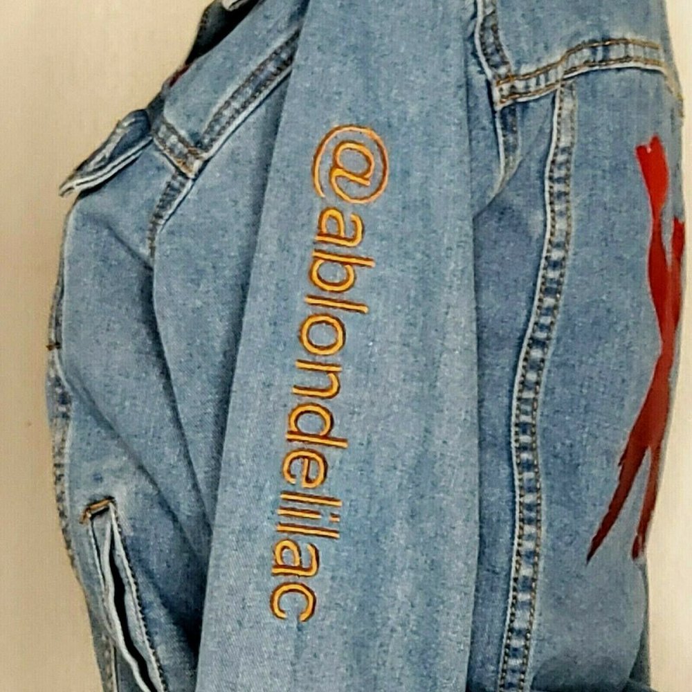 SSY Jeans Medium? Denim Distressed Jean Jacket Embroidered Red Flame X Punk - Picture 4 of 8